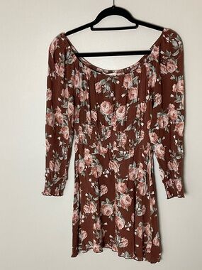 Brown Floral Off-Shoulder Long Sleeve Dress Festival Western Cottagecore Size M